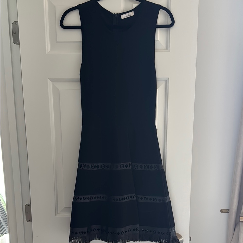 Parker Black Sleeveless Dress with leather fringe detail